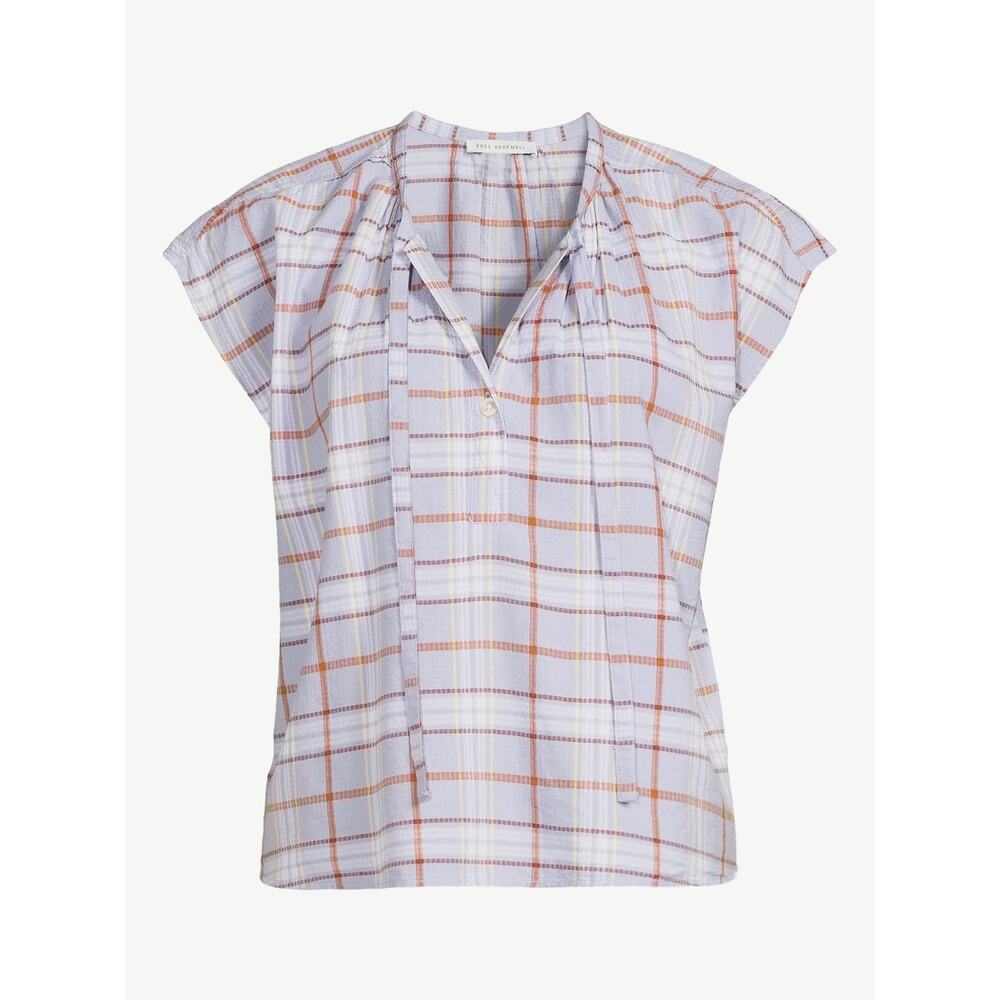 Free Assembly Blue + Brown White Plaid Short Sleeve Tie V Neck Blouse - XL